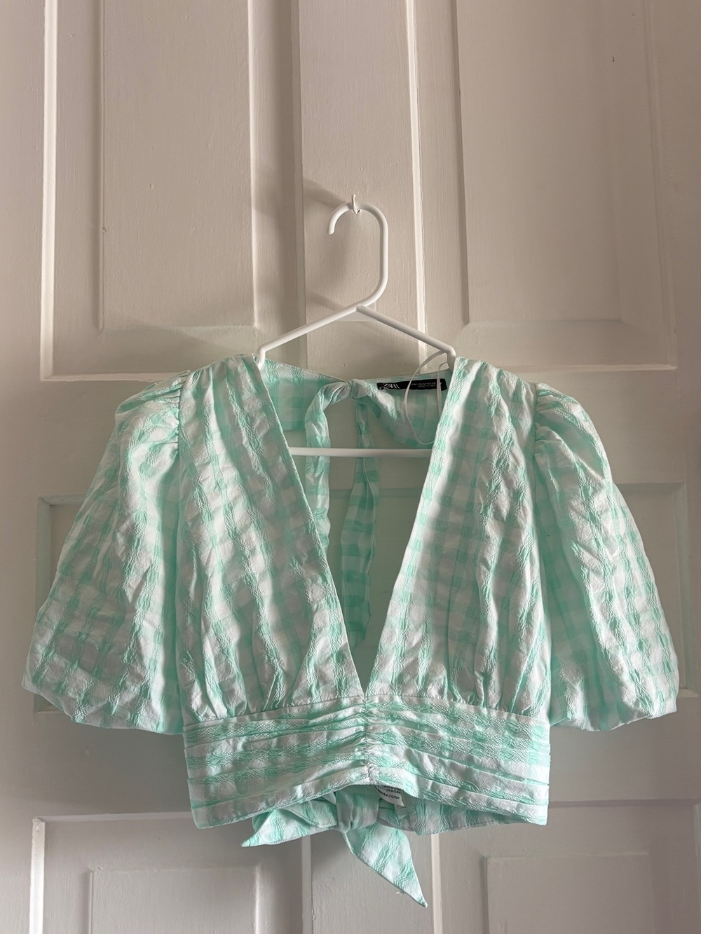 Brand New - Zara Mint Gingham Tie-Back Puff Sleeve Crop Top